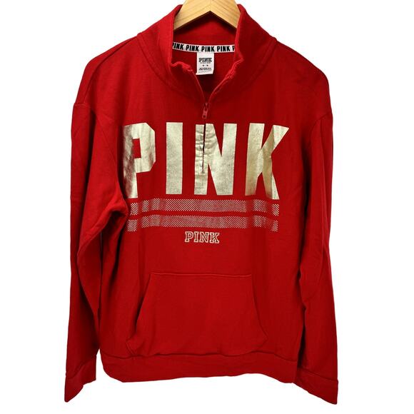 PINK Victoria's Secret Sweatshirt Womens Medium Red Gold 1/4 Zip Pullover - Picture 1 of 6